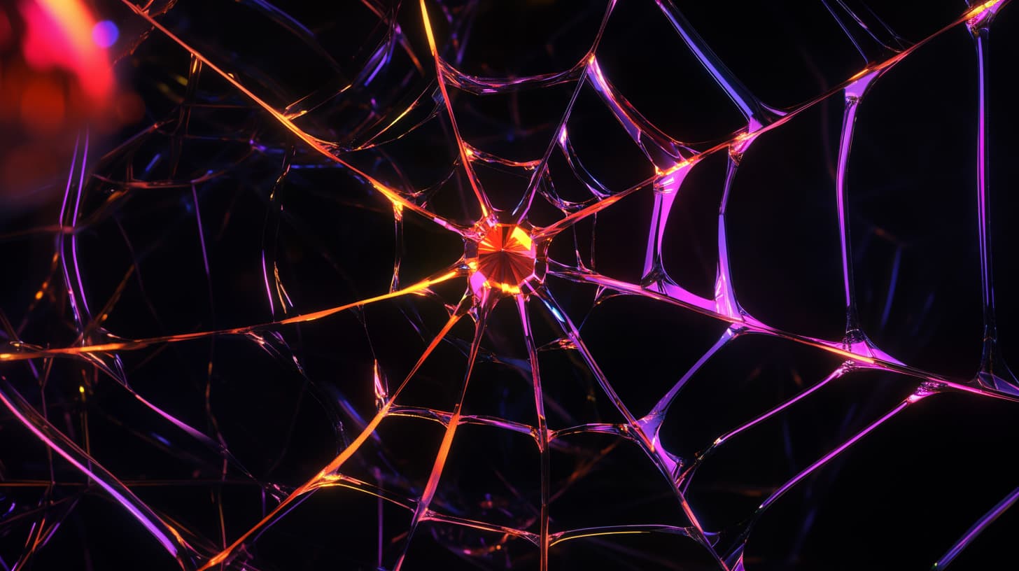 The image that shows a glowing, abstract spiderweb-like structure with vibrant pink, orange, and purple hues on a dark background, creating a futuristic and ethereal visual effect.