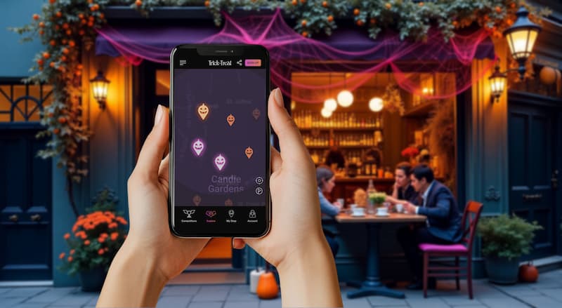 A person holding a smartphone in front of a cozy, festively decorated café or restaurant during the Halloween season. The phone screen displays a Halloween-themed app called 'Trick-or-Treat', which appears to be a location-based map showing icons of jack-o'-lanterns, indicating various spots