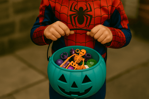 A child in a Spider-Man costume holds a teal pumpkin-shaped trick-or-treat bucket filled with small toys and a few wrapped sweets.